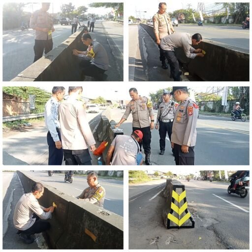 Antisipasi Laka Arus Balik, Polsek Cikande Polres Serang Pasang Stiker Pantul di Barier