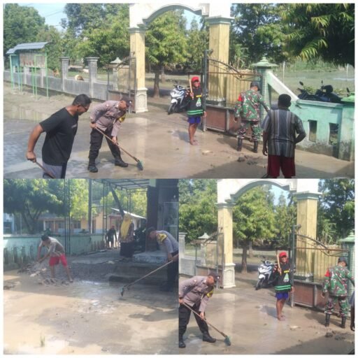 Gotong Royong Polisi dan TNI bersama Warga Bersihkan Sisa Meterial Banjir di Tuban