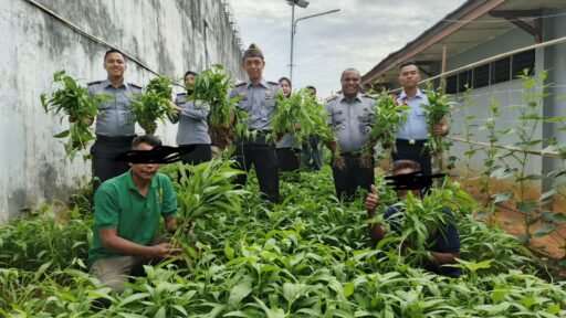 Kepala Rutan Kelas I Palembang Panen Kacang Panjang dan Kangkung Bersama Warga Binaan