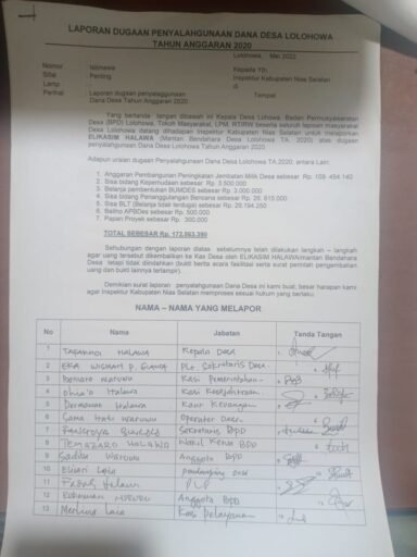 Tafakhoi Halawa Kades Lolohowa Klarivikasi Dana Rp172 Juta itu Di tangan Elikasim Halawa Almarhum