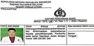Azhar Belum Ditahan dan Sempat Dicari Sebelum Ditersangkakan, ini Perintah Kapolres Toraja Utara