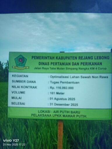 Pembangunan jaringan irigasi tersier Kelurahan Air Putih Baru Masyarakat Petani merasa terbantu.