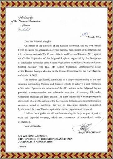 *UCAPAN TERIMA KASIH DARI DUBES RUSIA UNTUK PPWI*