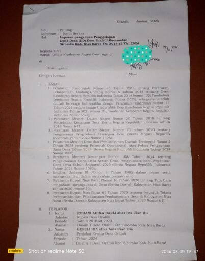 Mangkrak Laporan Dugaan korupsi Dana desa Orahili kec.sirombu kab.Nias barat di kejari Gunungsitoli