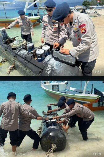 Benda Menyerupai Torpedo ditemukan di Gili Trawangan,Gegana Brimob Polda NTB Cek dan Pastikan Tidak Berbahaya