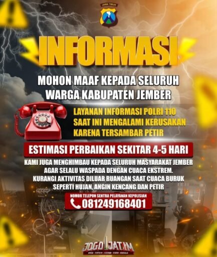 Layanan Polri 110 Terganggu Akibat Sambaran Petir, Polres Jember Sampaikan Permohonan Maaf