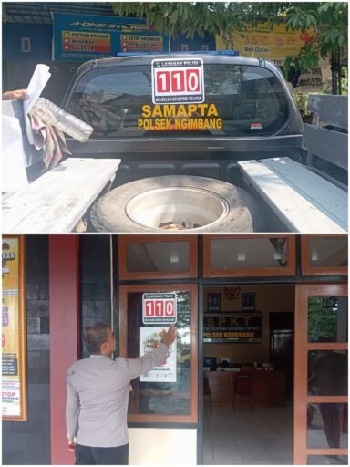 Polsek Ngimbang Melaksanakan Kegiatan Pemasangan Stiker Sosialisasi Layanan 110 Polri