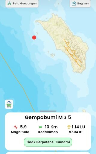 Gempa bumi tektonik M5,9 DiNias utara sumatera utara tidak berpotensi Sunami