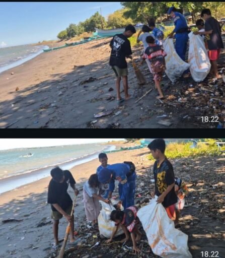 Kebersamaan Polairud Polda NTB dan Anak Pesisir terlihat Saat Bersih Pantai Tanjung Luar
