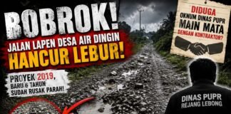 BOBROK! Jalan Lapen Desa Air Dingin Hancur Lebur,Oknum Dinas PUPR R/L Diduga ‘Main Mata’ dengan Kontraktor?