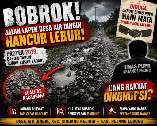 BOBROK! Jalan Lapen Desa Air Dingin Hancur Lebur,Oknum Dinas PUPR R/L Diduga ‘Main Mata’ dengan Kontraktor?