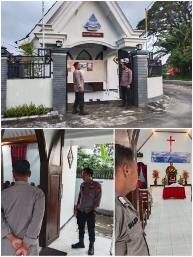 Personil Polsek Ngimbang Gelar Pengamanan Ibadah Minggu Pagi Di Gereja GKJTU Dan GJWI Desa Ngasemlemahbang