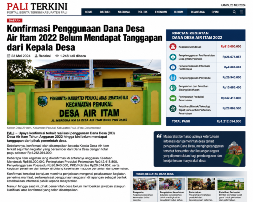 Konfirmasi Penggunaan Dana Desa Air Itam 2022 Belum Mendapat Tanggapan