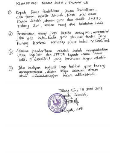 “Kepala SMPN 7 Talang Ubi Akhirnya Minta Maaf dan Beri Klarifikasi, Perihal Pemberitaan Sebelumnya” “Kepala SMPN 7 Talang Ubi Akhirnya Minta Maaf dan Beri Klarifikasi, Perihal Pemberitaan Sebelumnya”