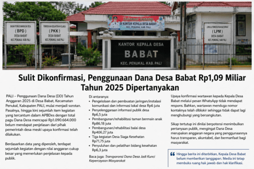 Sulit Dikonfirmasi, Penggunaan Dana Desa Babat Rp1,09 Miliar Tahun 2025 Dipertanyakan Sulit Dikonfirmasi, Penggunaan Dana Desa Babat Rp1,09 Miliar Tahun 2025 Dipertanyakan