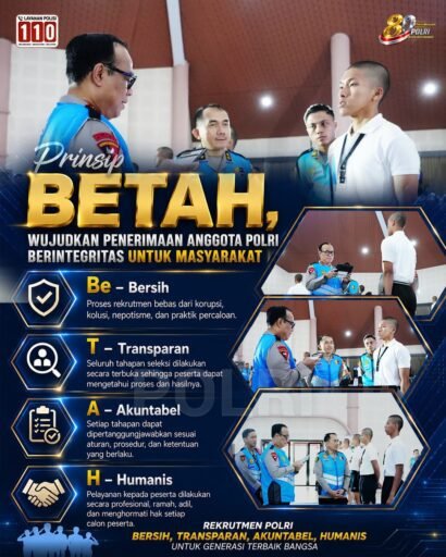 REKRUTMEN POLRI DILAKSANAKAN DENGAN PRINSIP BERSIH, TRANSPARAN, AKUNTABEL, DAN HUMANIS. REKRUTMEN POLRI DILAKSANAKAN DENGAN PRINSIP BERSIH, TRANSPARAN, AKUNTABEL, DAN HUMANIS.