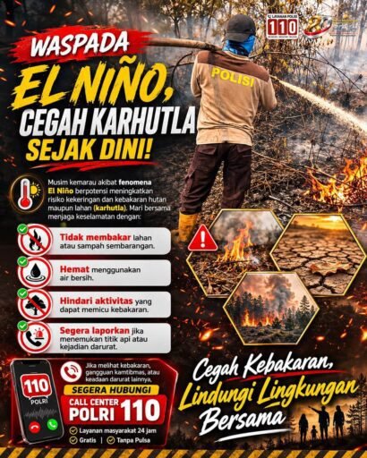 Waspada El Niño dan Karhutla, Polri Imbau Warga Hemat Air dan Lapor Cepat ke 110. Waspada El Niño dan Karhutla, Polri Imbau Warga Hemat Air dan Lapor Cepat ke 110.