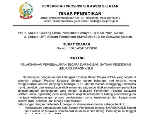 Kadisdik Sulsel Terbitkan SE Dampak BBM Langka, 4 SMA di Toraja Utara Besok Belajar Daring Kadisdik Sulsel Terbitkan SE Dampak BBM Langka, 4 SMA di Toraja Utara Besok Belajar Daring