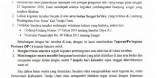 Bangun Bronjong di Ruang Sungai Saddang, PUTR Toraja Utara Resmi Layangkan SP 1 ke Pihak PT CAT
