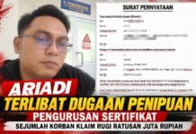 Ariadi Terlibat Dugaan Penipuan Pengurusan Sertifikat, Sejumlah Korban Klaim Rugi Ratusan Juta Rupiah